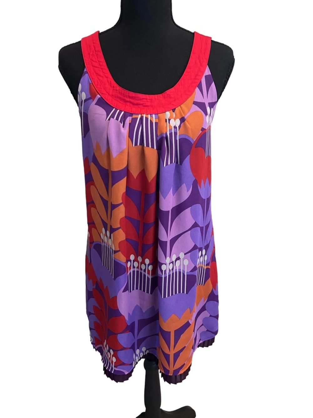American Rag cie Retro Purple Floral Mini Dress with Red Trim L